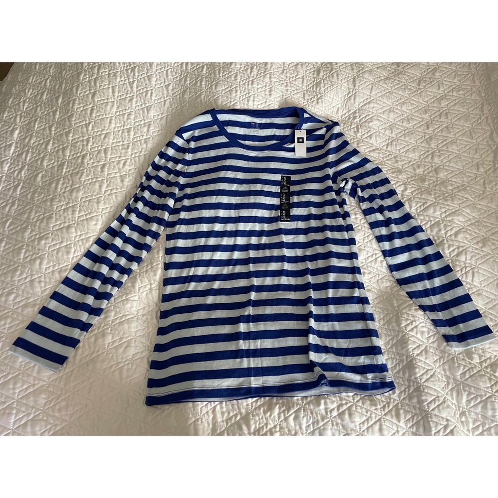 NWT Gap Long Sleeve Blue White Striped Super Soft Nautical Coastal Top-Size XL